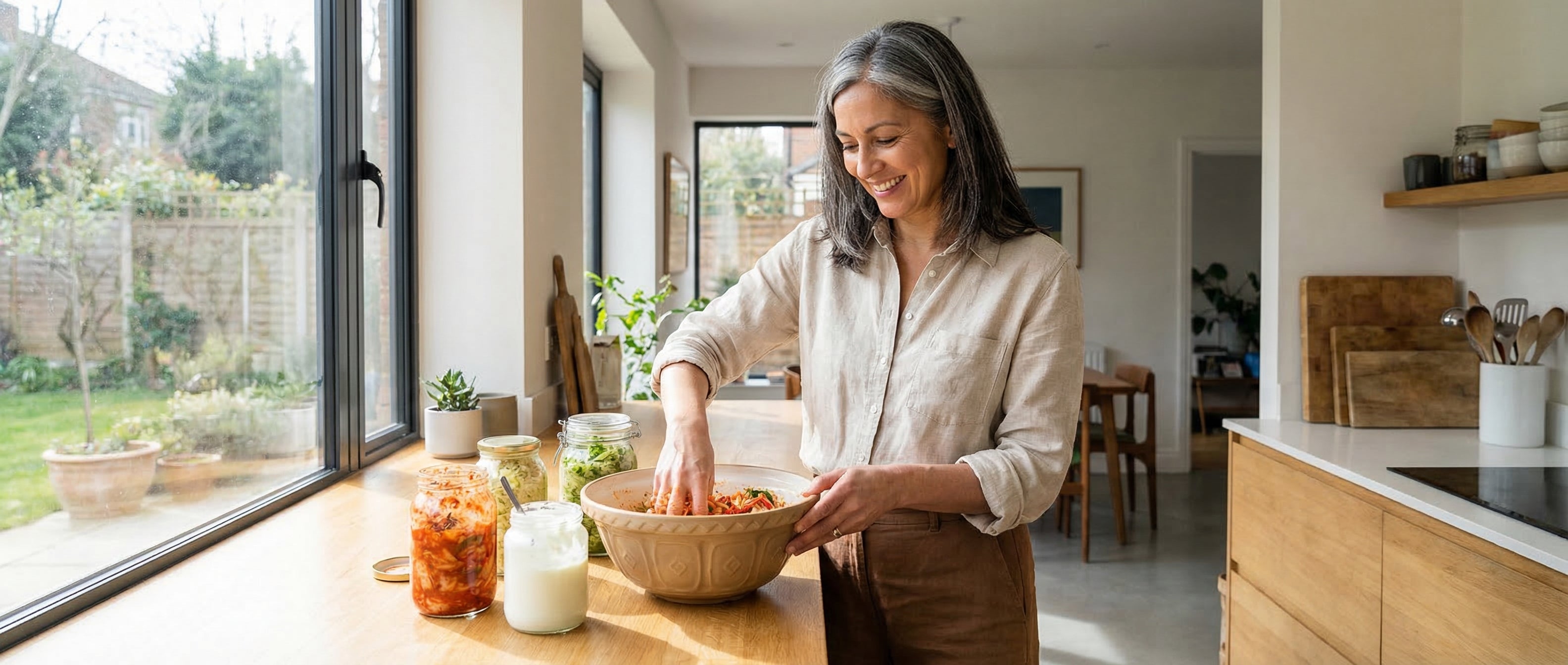 Woman preparing fermented foods in a bright kitchen