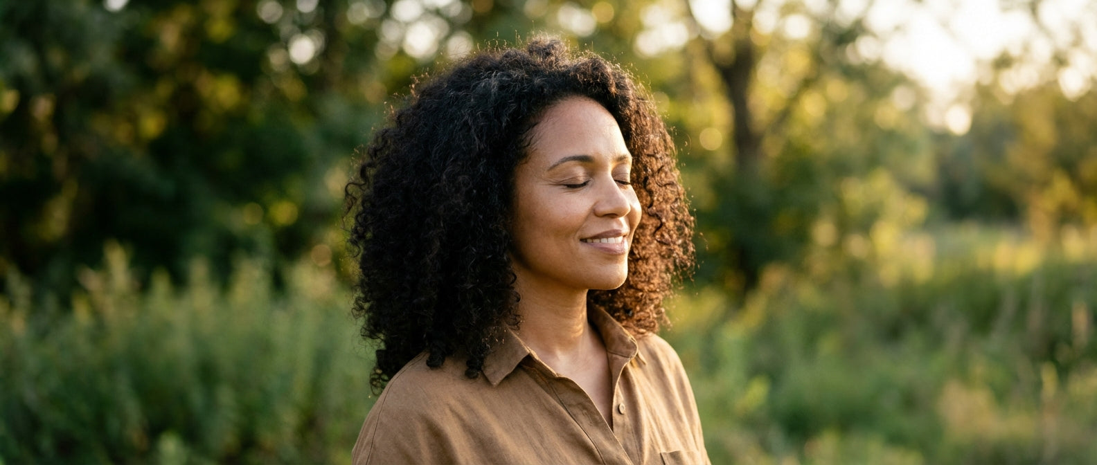 Woman with curly hair enjoying a peaceful moment in nature at golden hour