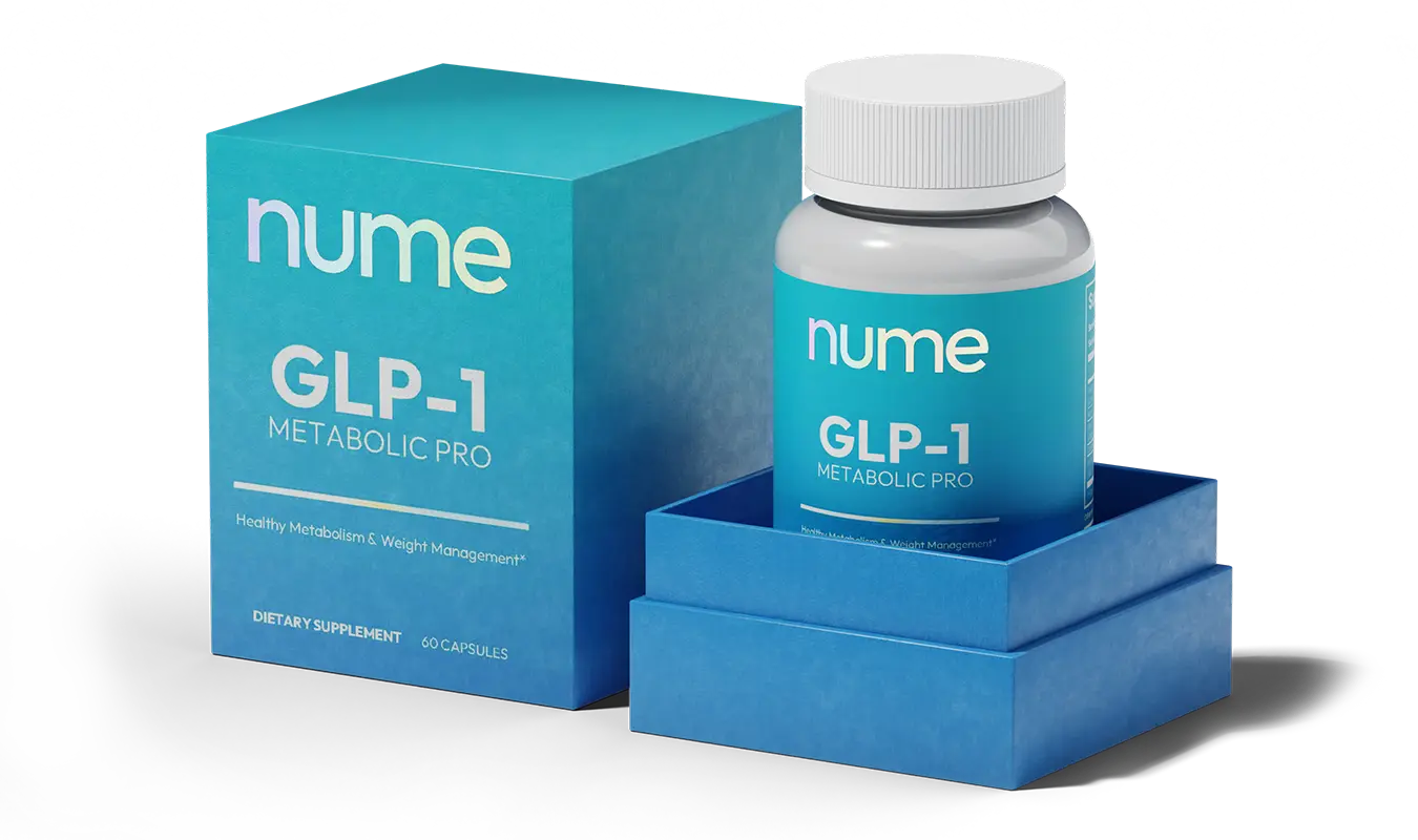 Woman at kitchen table with Nume GLP-1 supplements and morning coffee