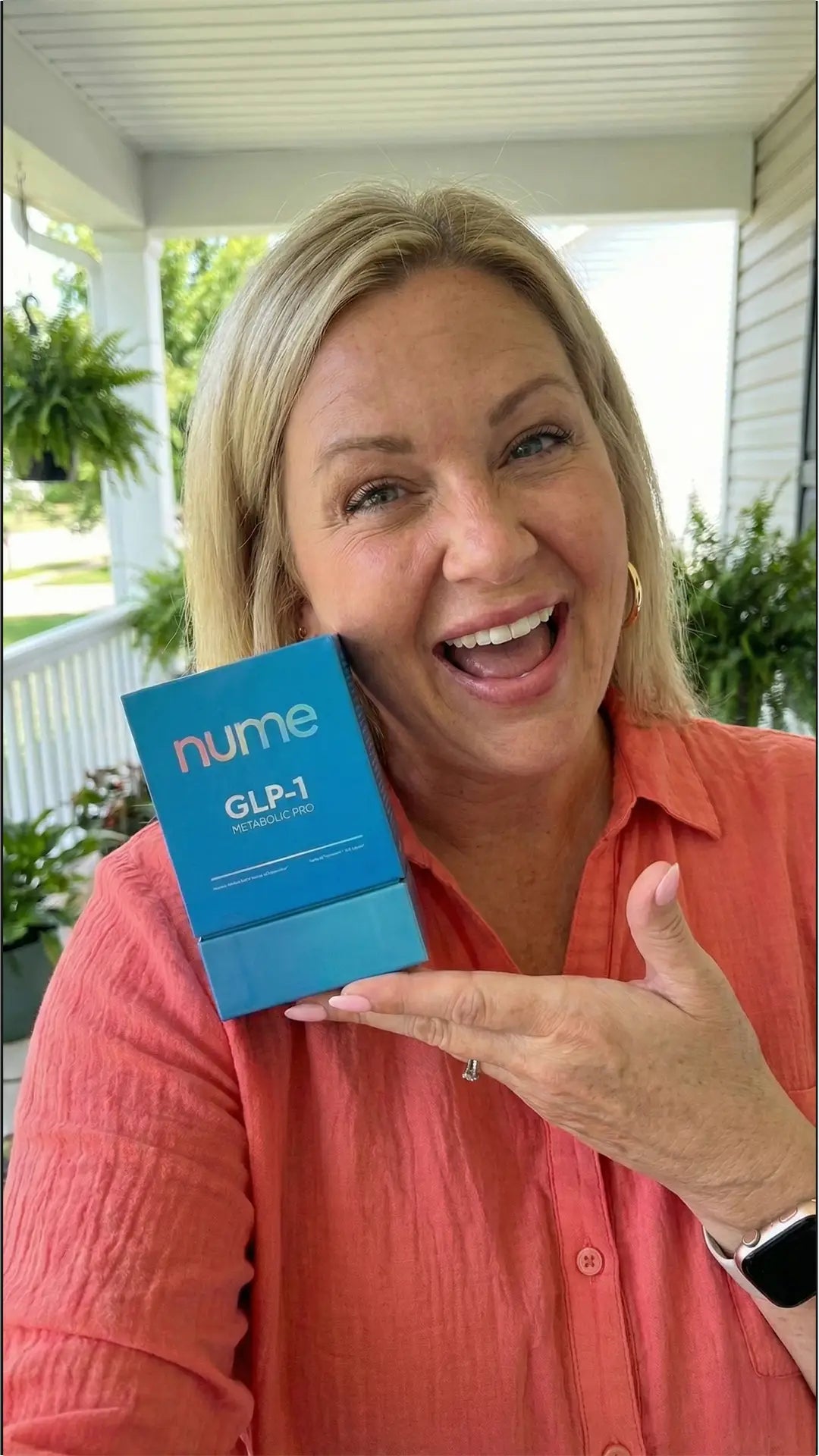 Excited customer showing Nume GLP-1 box on front porch